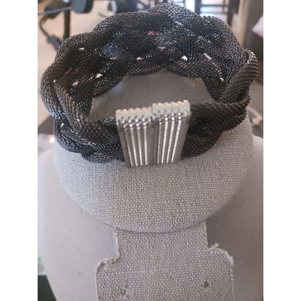 Woven Mesh Braided Cuff Bracelet Gunmetal Magnetic Clasp Statement Jewelry